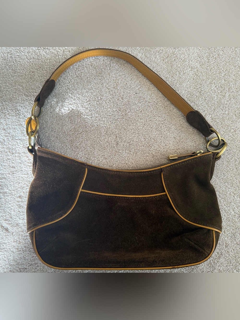 Y2K Vintage Maxx New York Brown Suede Shoulder Bag with Tan Trim